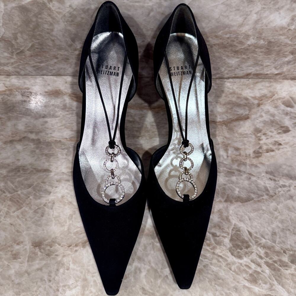 NWT Stuart Weitzman Black Dorsey Heels with crystal embellished T-strap - Picture 2 of 11